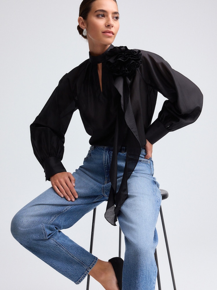 Black Corsage Long Sleeve Ruffle Blouse - Image 2 of 7 Black Corsage Long Sleeve Ruffle Blouse - Image 2 of 7