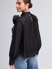 Black Corsage Long Sleeve Ruffle Blouse - Image 3 of 7