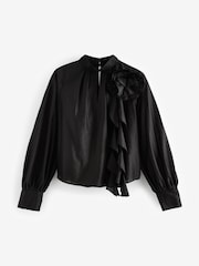 Black Corsage Long Sleeve Ruffle Blouse - Image 5 of 7