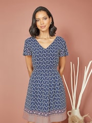Mela Blue Border Print Skater Dress - Image 1 of 4