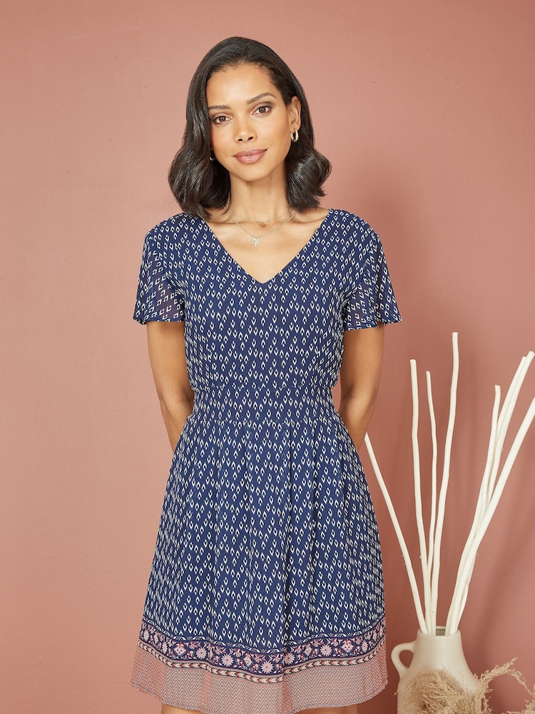 Mela Blue Border Print Skater Dress - Image 1 of 4