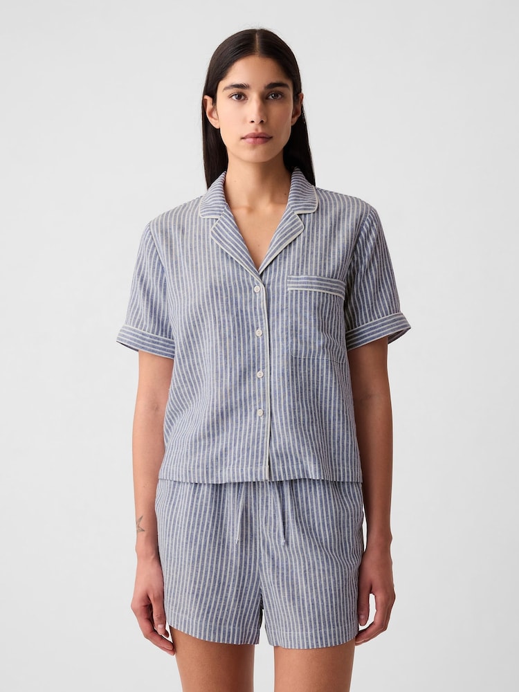 Gap Blue & White Stripe Linen-Blend Pyjama Shirt - Image 1 of 4 Gap Blue & White Stripe Linen-Blend Pyjama Shirt - Image 1 of 4