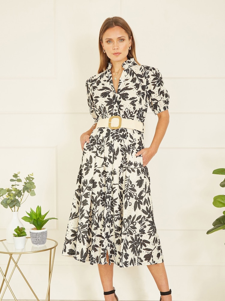 Yumi Floral Print Broderie Anglaise 100% Cotton Midi Shirt Dress With Matching Belt - Bild 1 von 4
