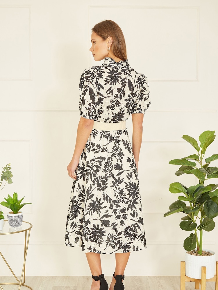 Yumi Floral Print Broderie Anglaise 100% Cotton Midi Shirt Dress With Matching Belt - Bild 2 von 4