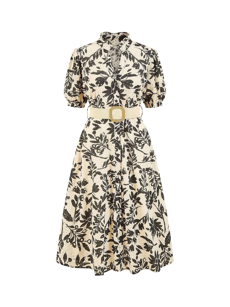 Yumi Floral Print Broderie Anglaise 100% Cotton Midi Shirt Dress With Matching Belt - Bild 4 von 4