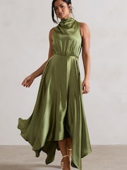 Club L London Khaki Green Kerri Satin Cowl-Neck Maxi Dress - Image 1 of 5