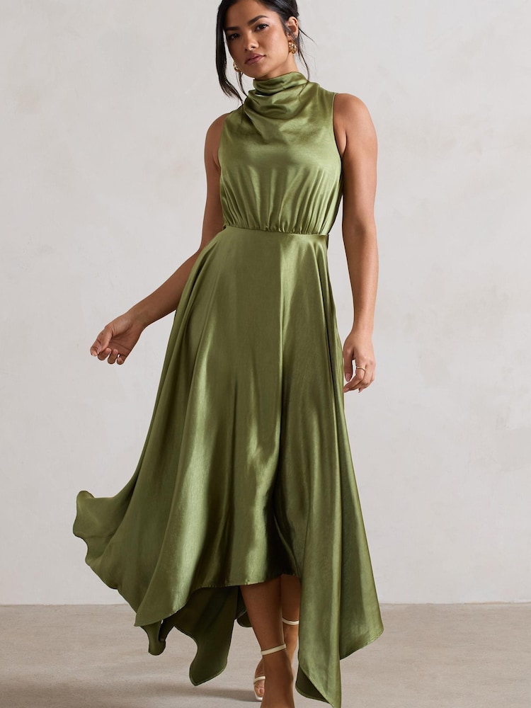 Club L London Khaki Green Kerri Satin Cowl-Neck Maxi Dress - Image 1 of 5