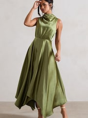Club L London Khaki Green Kerri Satin Cowl-Neck Maxi Dress - Image 2 of 5