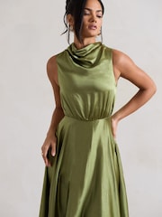 Club L London Khaki Green Kerri Satin Cowl-Neck Maxi Dress - Image 4 of 5