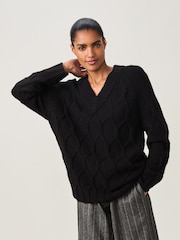 Black Cable Knitted Longline V-Neck Tunic Jumper with Wool - Image 3 of 7