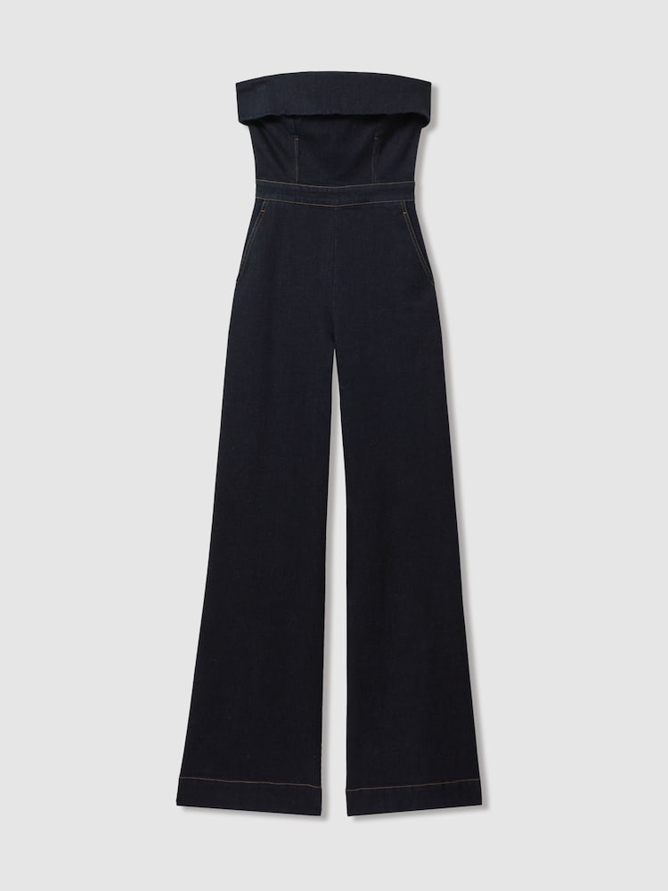 Reiss Indigo Tiggie Denim Strapless Wide Leg Jumpsuit - Image 2 of 6