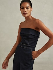 Reiss Indigo Tiggie Denim Strapless Wide Leg Jumpsuit - Image 3 of 6