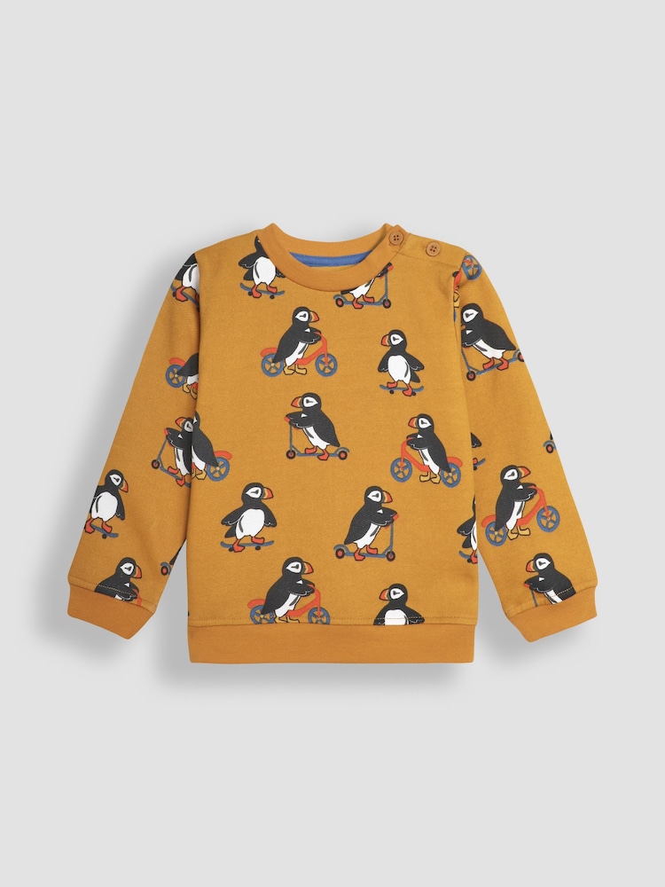 JoJo Maman Bébé Mustard Yellow Puffin Construction Vehicle Print Sweatshirt - Image 1 of 3