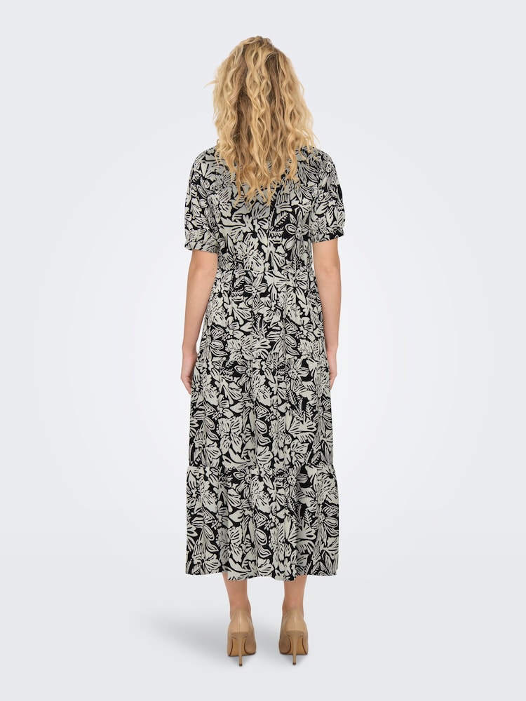 JDY Black Printed V-Neck Short Sleeve Tiered Maxi Dress - Image 2 of 5