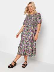 Yours Curve Black Limited Collection Rainbow Floral Print Shirred Midaxi Dress - Image 1 of 5