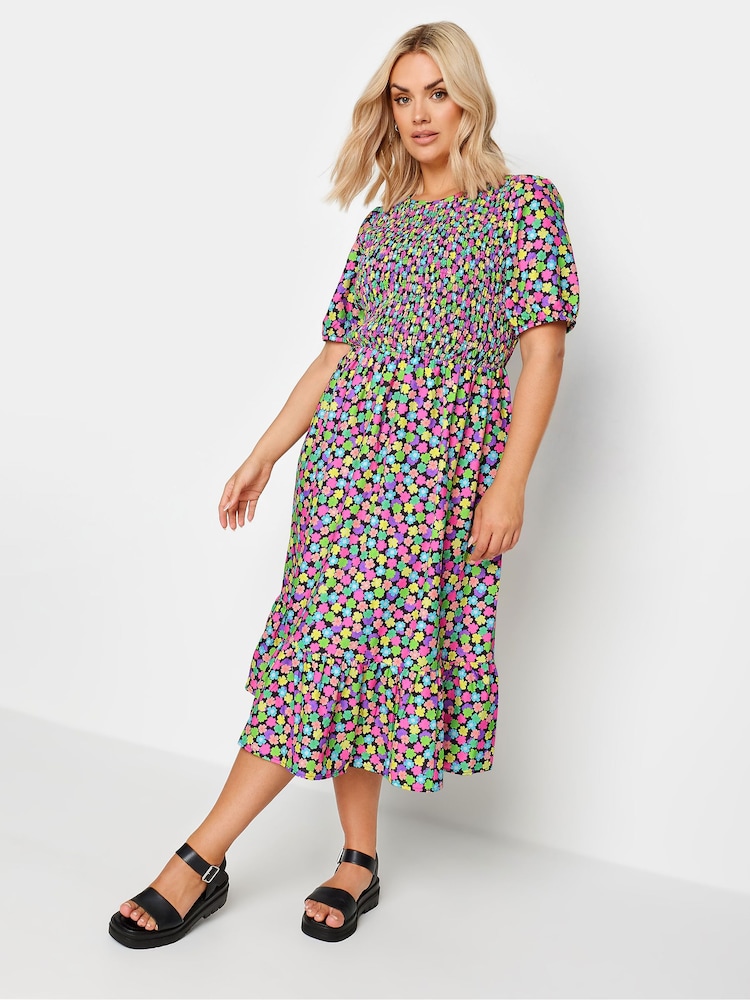Yours Curve Black Limited Collection Rainbow Floral Print Shirred Midaxi Dress - Image 1 of 5