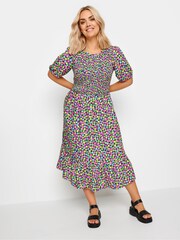 Yours Curve Black Limited Collection Rainbow Floral Print Shirred Midaxi Dress - Image 2 of 5