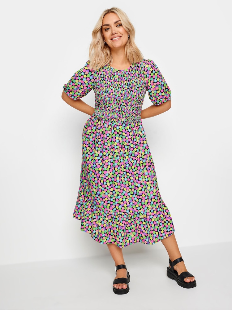 Yours Curve Black Limited Collection Rainbow Floral Print Shirred Midaxi Dress - Image 2 of 5