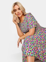 Yours Curve Black Limited Collection Rainbow Floral Print Shirred Midaxi Dress - Image 4 of 5