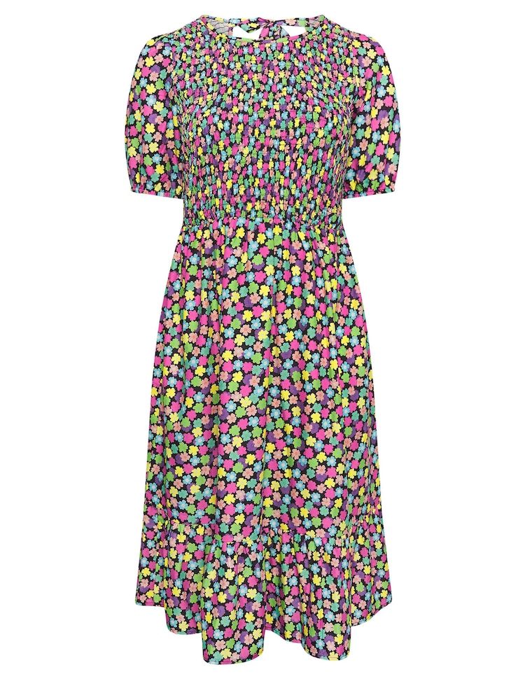 Yours Curve Black Limited Collection Rainbow Floral Print Shirred Midaxi Dress - Image 5 of 5