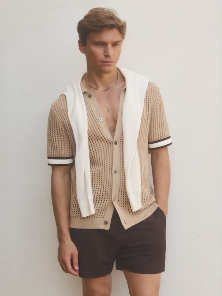 Reiss Camel Elias Reiss | Ché Open-Stitch Cuban Collar Shirt - Image 1 of 6