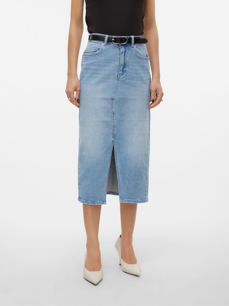 VERO MODA Blue Denim Midi Skirt With Front Split - Image 1 of 7
