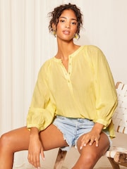 Friends Like These Yellow Premium Cotton Button Up V Neck Blouse - Image 1 of 4