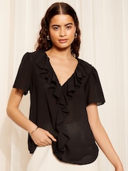 Friends Like These Seersucker Black Ruffle Front Puff Sleeve Blouse - Image 2 of 4