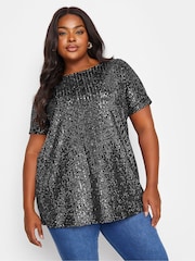 Yours Curve Black Velvet Sequin Top - Image 1 of 5