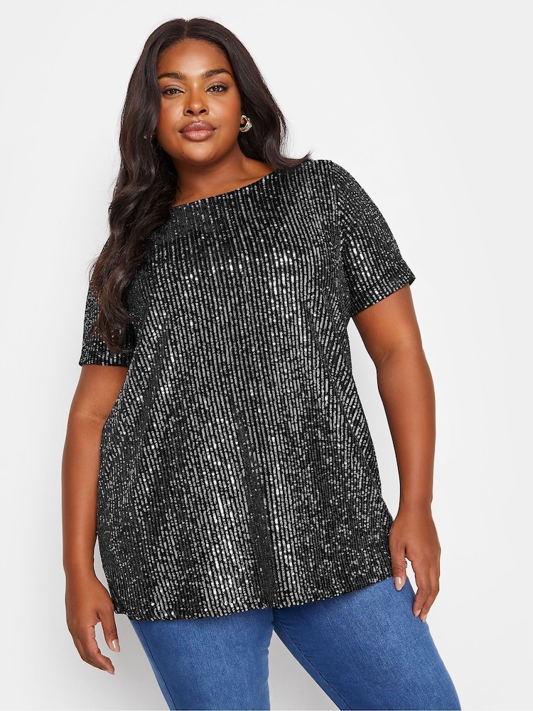 Yours Curve Black Velvet Sequin Top - Image 1 of 5