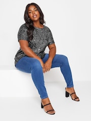 Yours Curve Black Velvet Sequin Top - Image 2 of 5