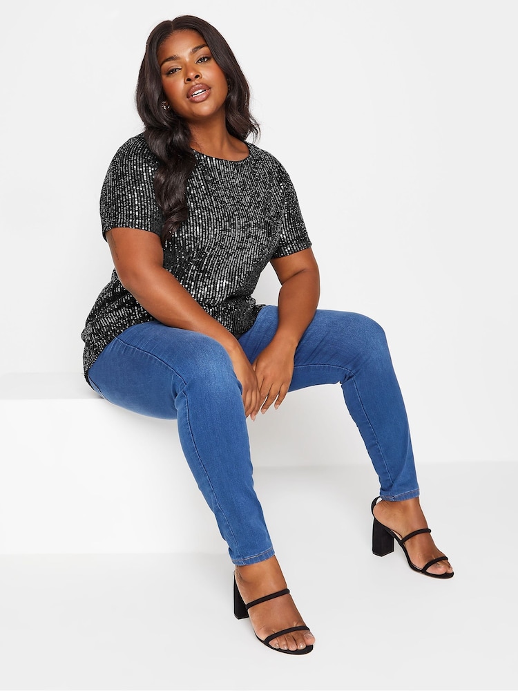 Yours Curve Black Velvet Sequin Top - Image 2 of 5