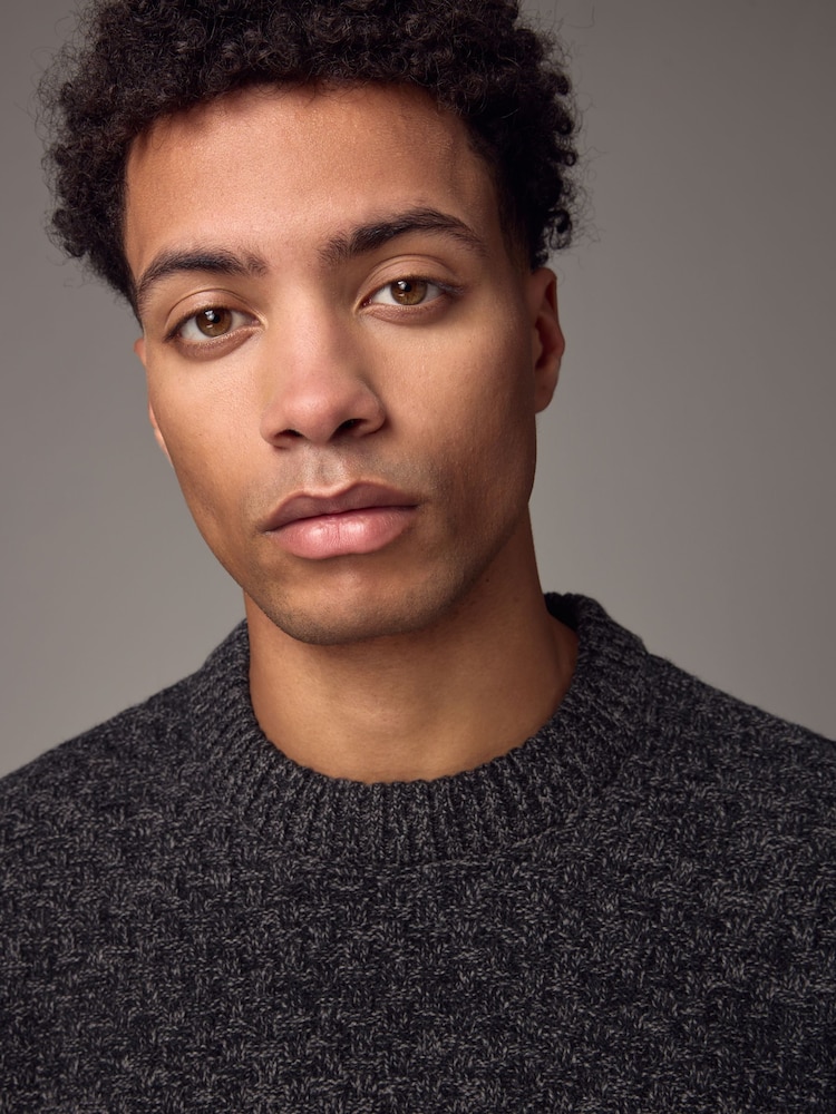 Charcoal Grey Regular Fit Textured Crew Jumper with Wool - Image 4 of 9
