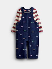 JoJo Maman Bébé Navy Blue Race Car Embroidered Dungaree & Bodysuit Set - Image 1 of 6