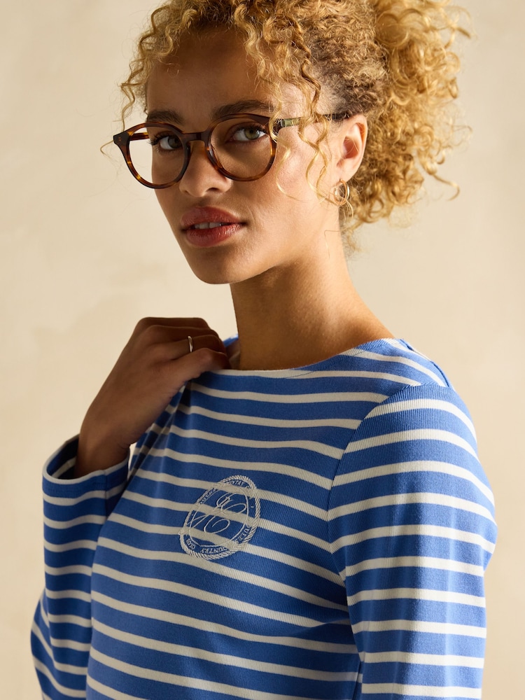 Joules Harbour Blue Stripe Embroidered Boat Neck Breton Top - Image 3 of 6