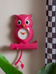 Karlsson Bright Pink Owl Pendulum ABS Wall Clock - Image 1 of 4
