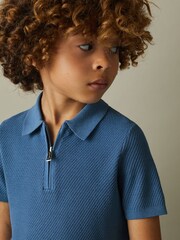 Reiss Blue Ivor Teen Textured Quarter Zip Polo Shirt - Image 4 of 5