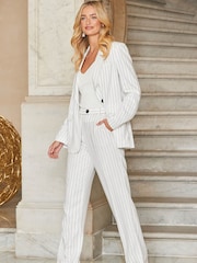 Sosandar Cream Pinstripe Linen Blend Wide Leg Trousers - Image 2 of 5