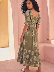 Roman Green Coral Print Shirred Midi Dress - Image 2 of 5
