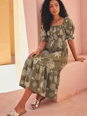Roman Green Coral Print Shirred Midi Dress - Image 3 of 5