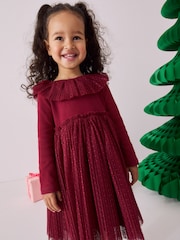 Burgundy Long Sleeve Mesh Dress (3mths-7yrs) - Image 1 of 8