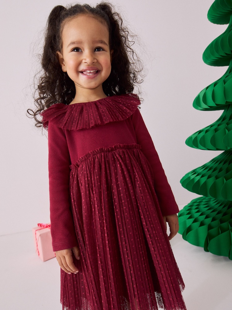 Burgundy Long Sleeve Mesh Dress (3mths-7yrs) - Image 1 of 8