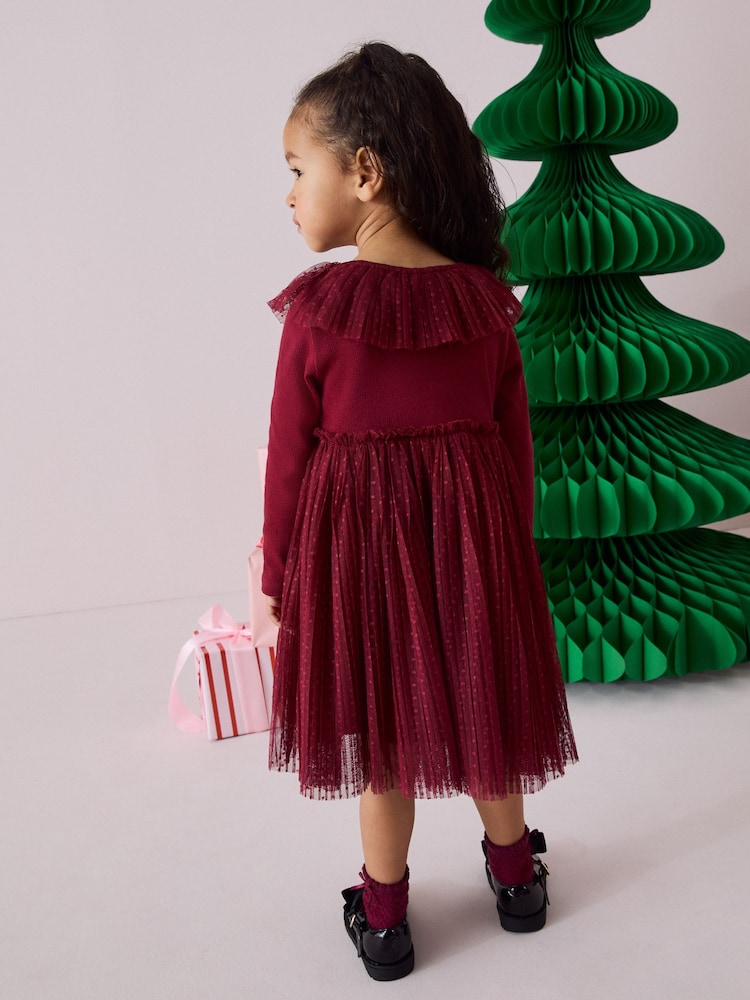 Burgundy Long Sleeve Mesh Dress (3mths-7yrs) - Image 2 of 8