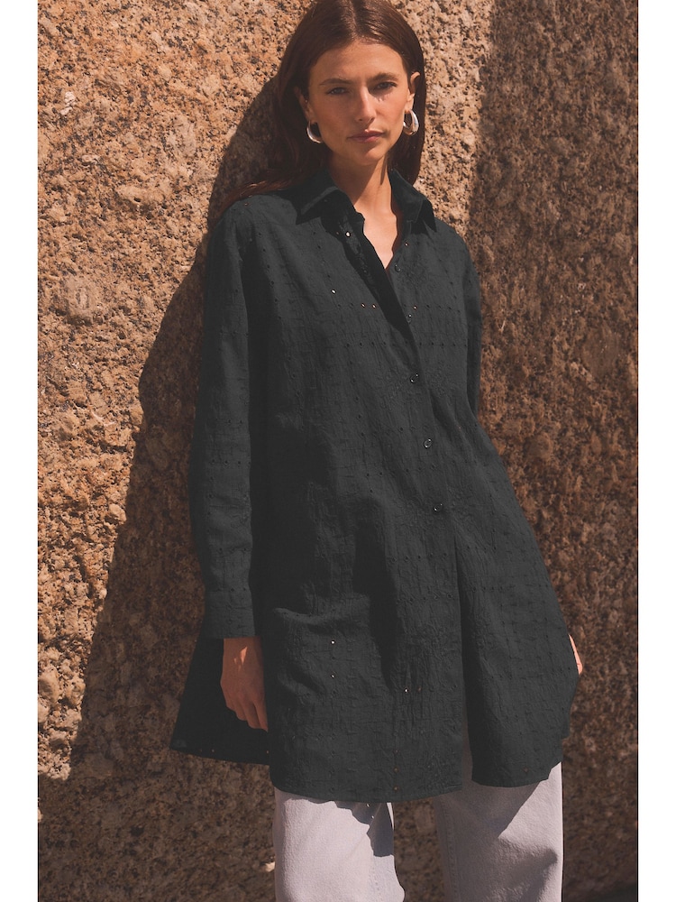 Black Broderie 100% Cotton Beach Shirt Cover-Up - Image 2 of 7