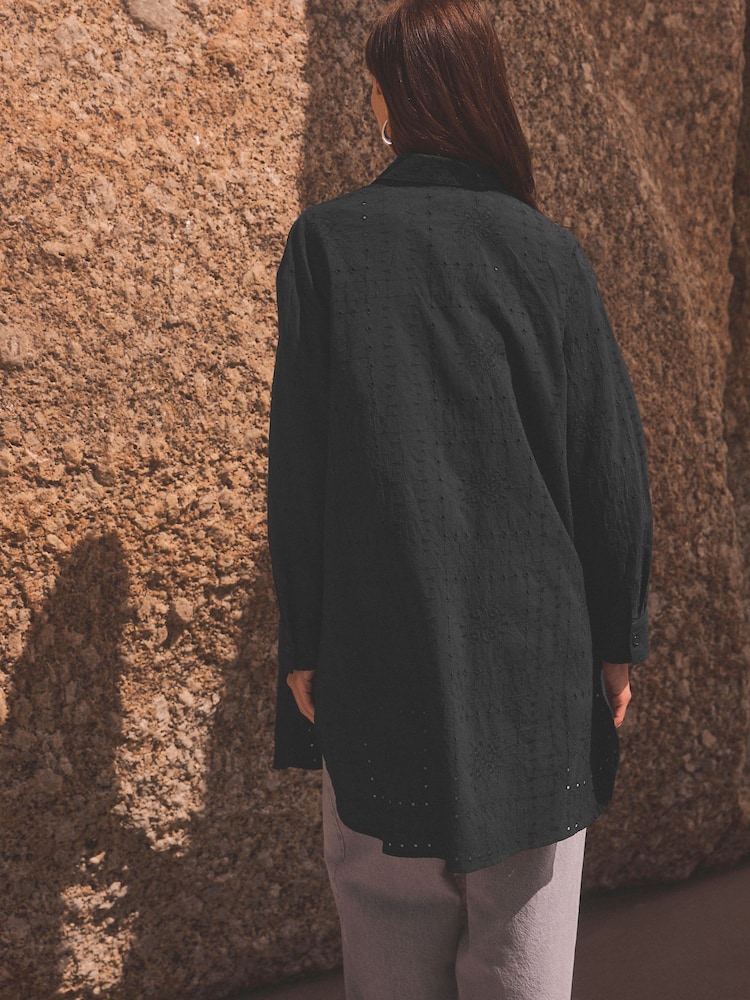 Black Broderie 100% Cotton Beach Shirt Cover-Up - Image 1 of 4