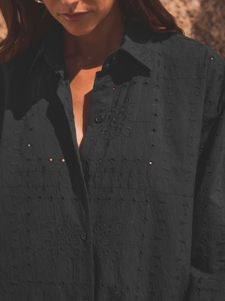 Black Broderie 100% Cotton Beach Shirt Cover-Up - Image 2 of 4