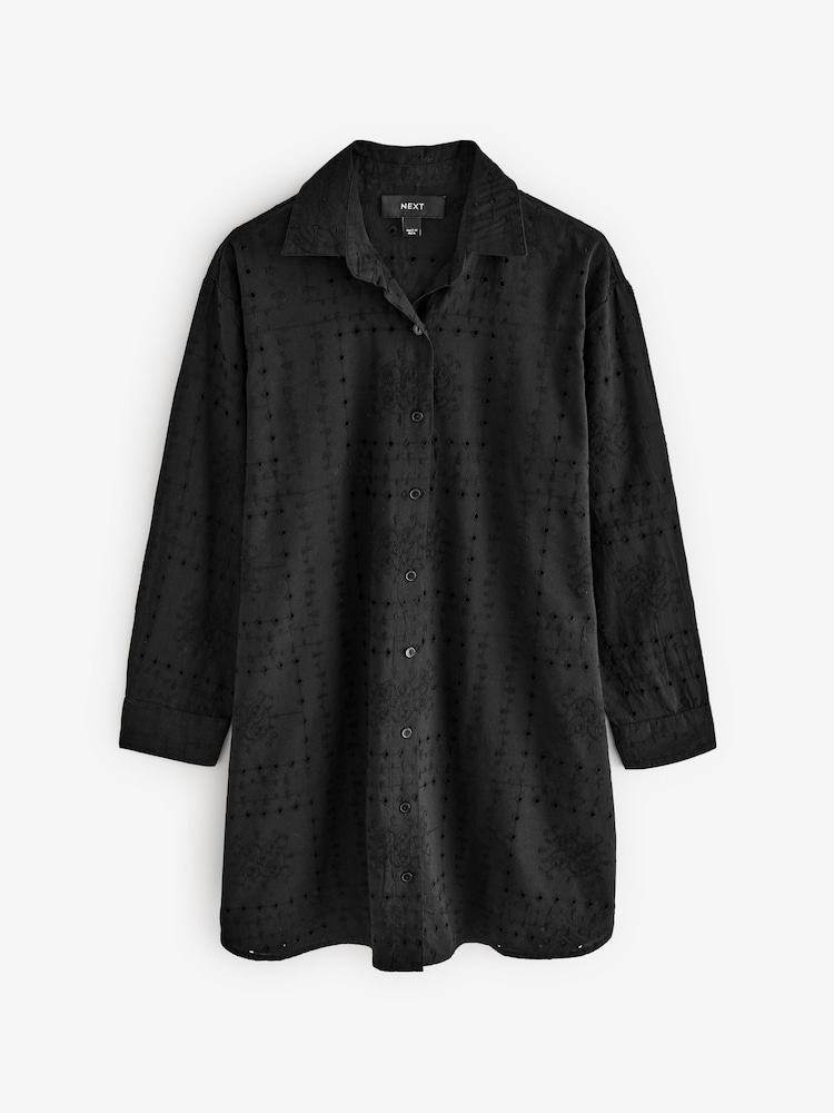 Black Broderie 100% Cotton Beach Shirt Cover-Up - Image 3 of 4