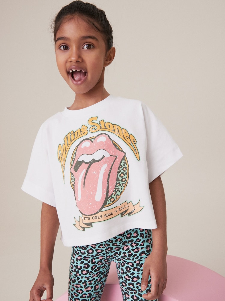 White/Blue Rolling Stones Boxy 100% Cotton T-Shirt And Cycle Shorts Set (3-16yrs) - Image 1 of 4