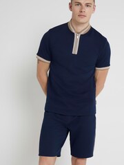 River Island Blue Slim Fit Textured Taped 100% Cotton Shorts - Image 1 of 4