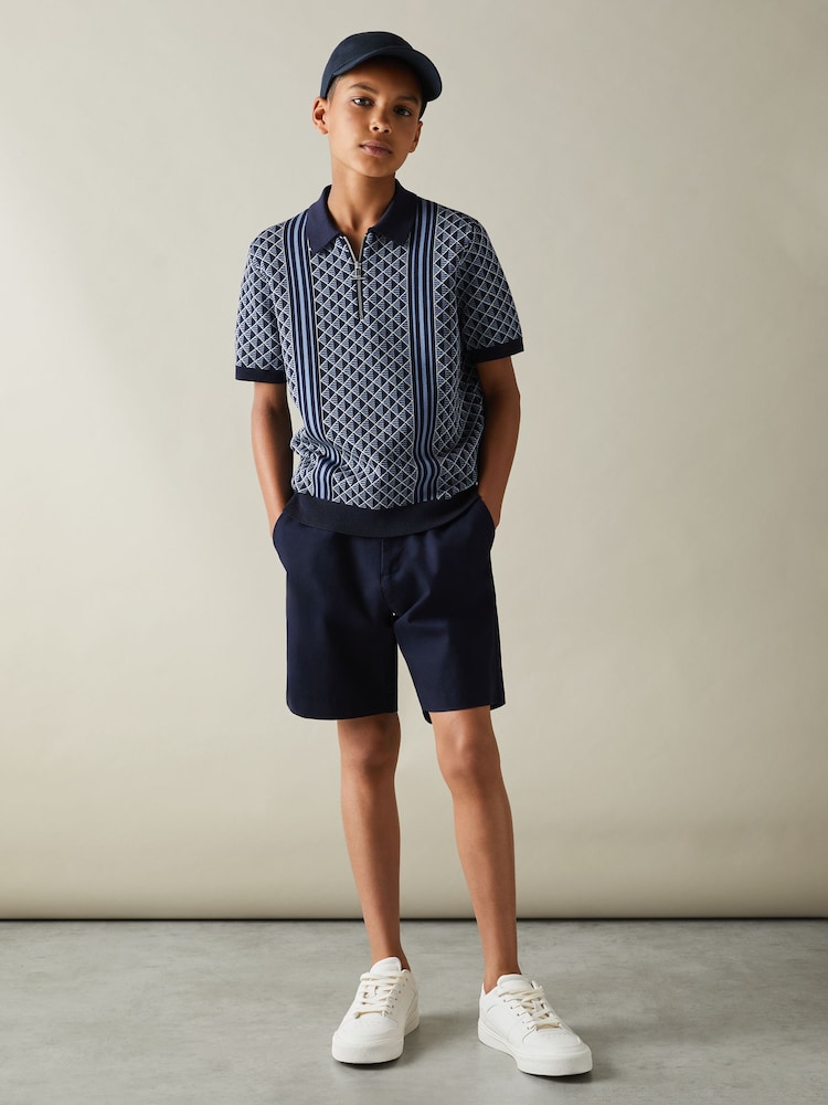 Reiss Navy/Airforce Blue Sanderson 3-9 yrs Diamond Stitch Half-Zip Polo Shirt - Image 1 of 4